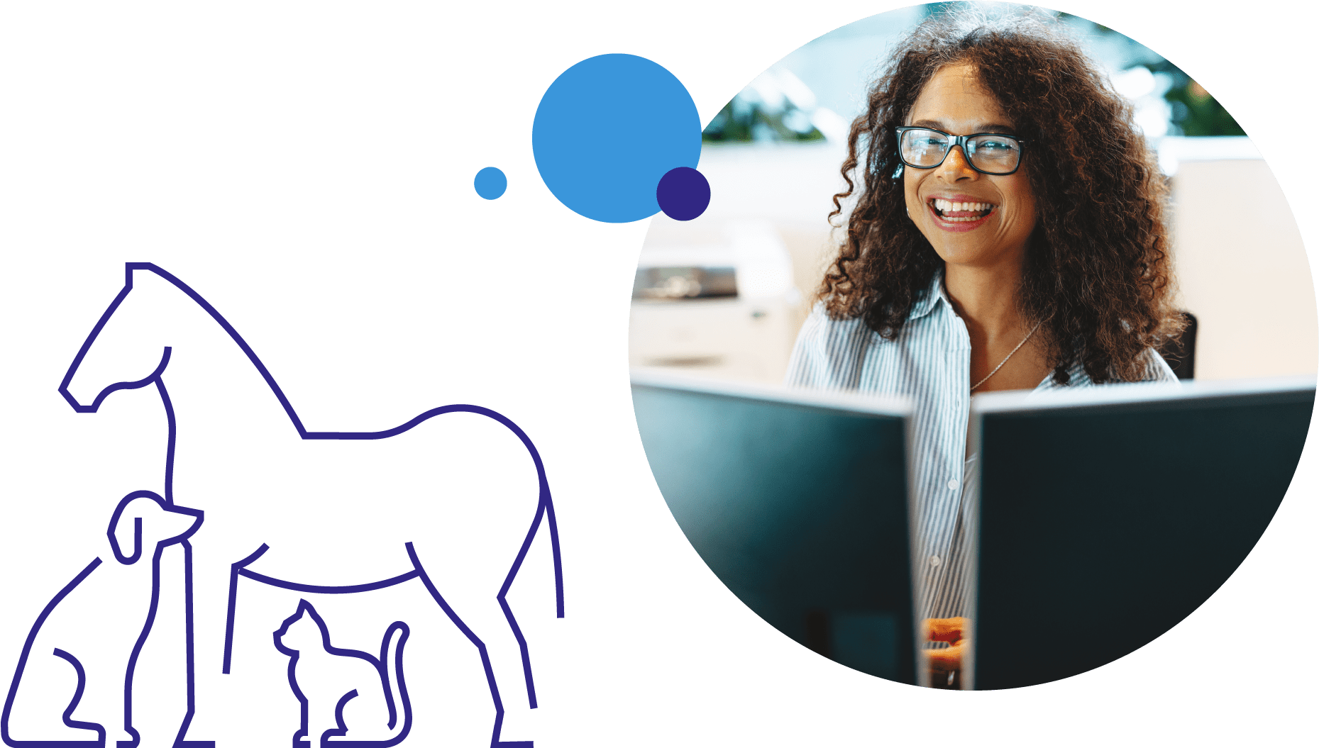 Image of smiling receptionist and illustration of horse, dog and cat